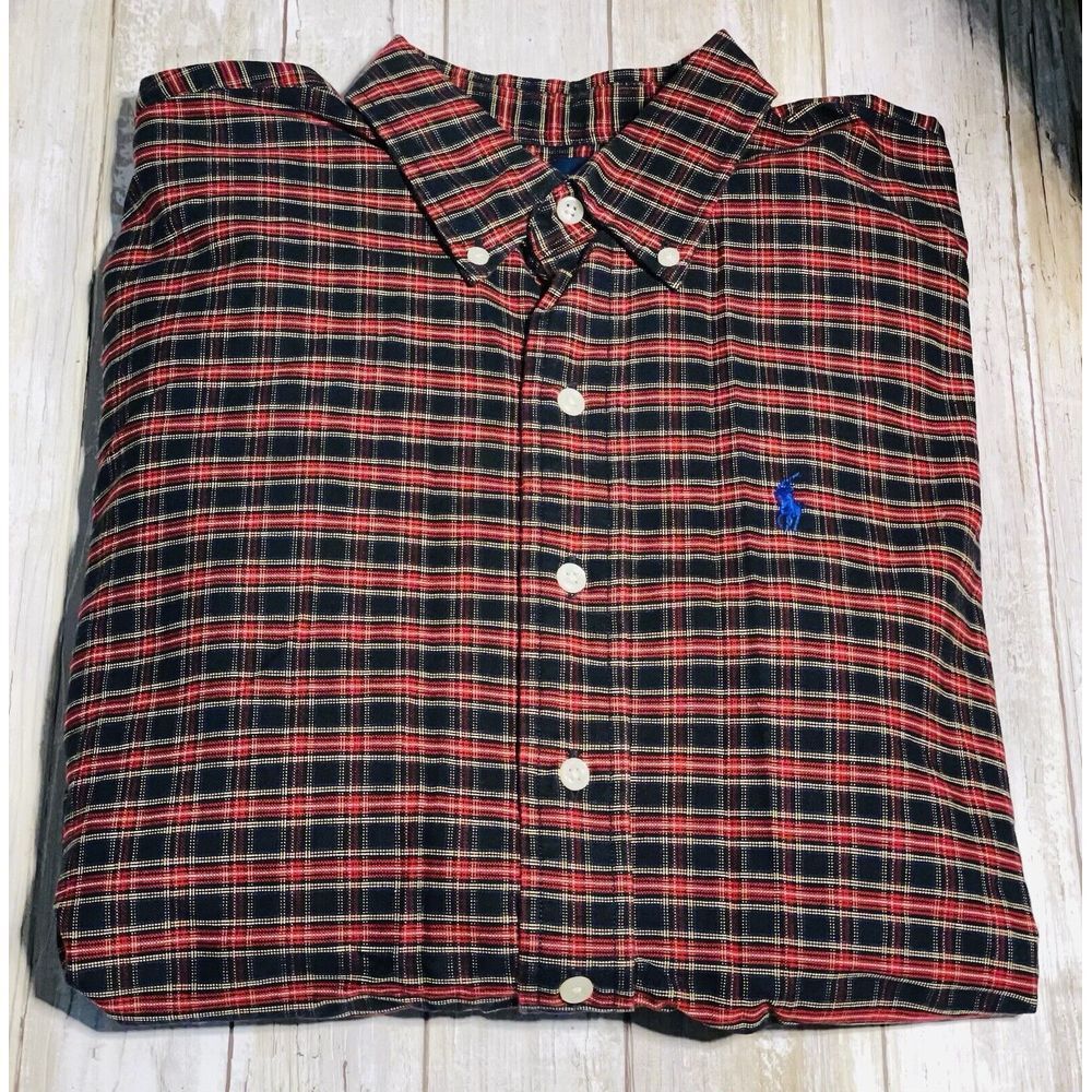 Ralph Lauren Blue Tag Size Large Red Black Plaid Mens Button Down Long Sleeve